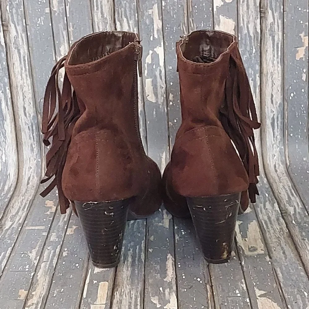 Cato Size 8 Side Zip Ankle Boots Block Heel Booties Brown Faux Suede Fringe